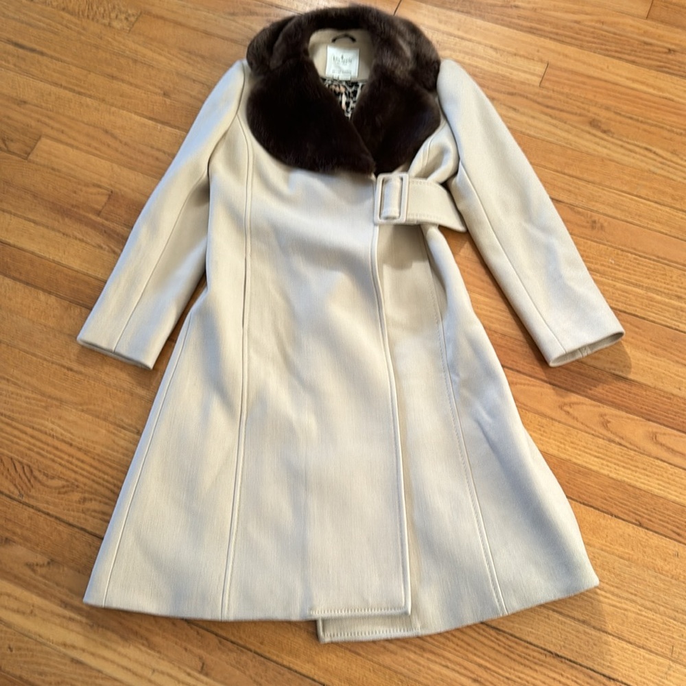 Kate Spade Briella Wool Faux Fur Collar Coat Tan Sz14 - Picture 7 of 8